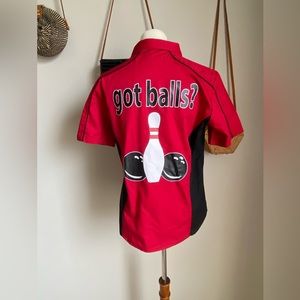 Lucky Bowling “Got Balls?” Red Button Down Shirt, Size Medium